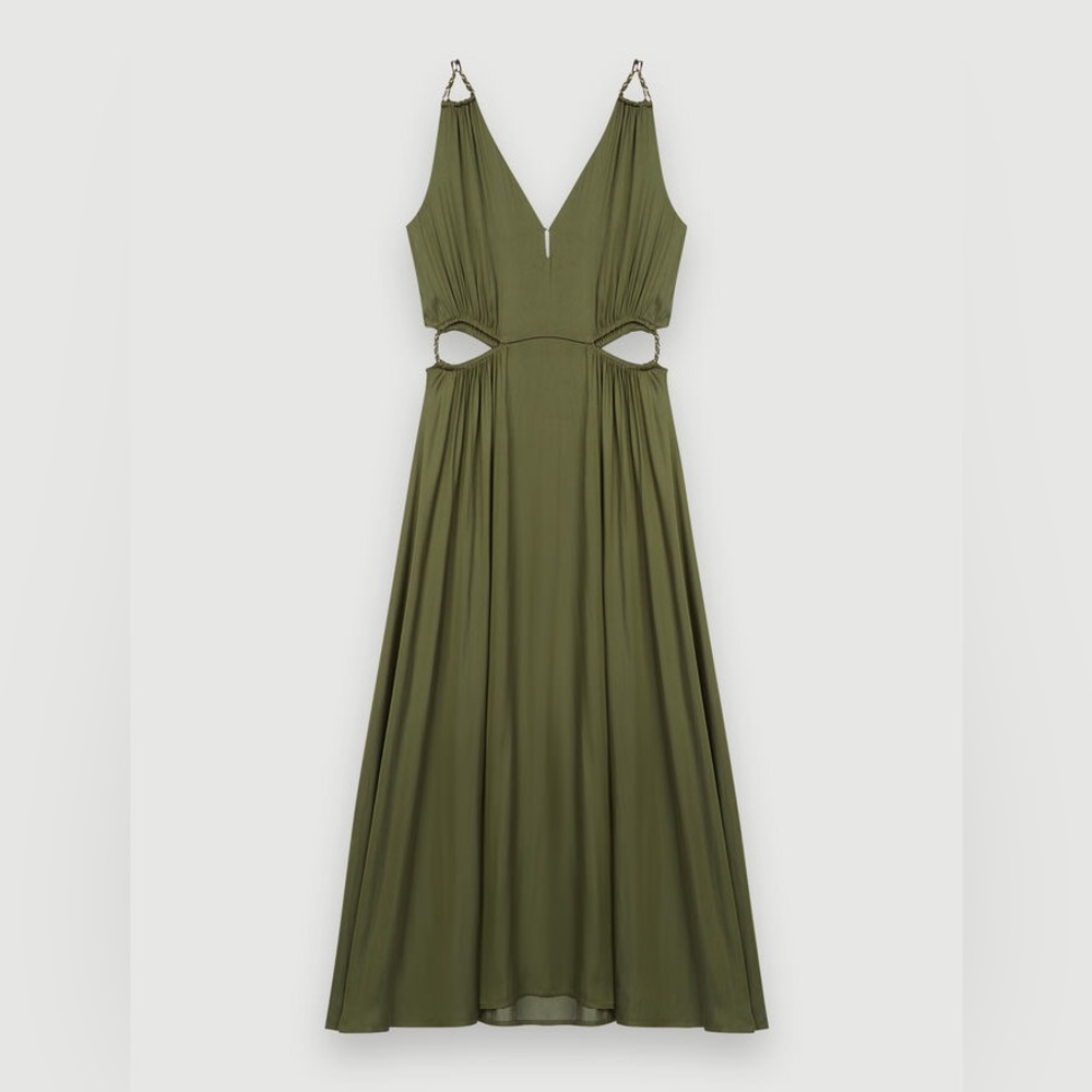 SIZE 34 MAJE KHAKI SATIN LONG STRAIGHT-CUT DRESS WITH OPENWORK AT THE WAIST 👗